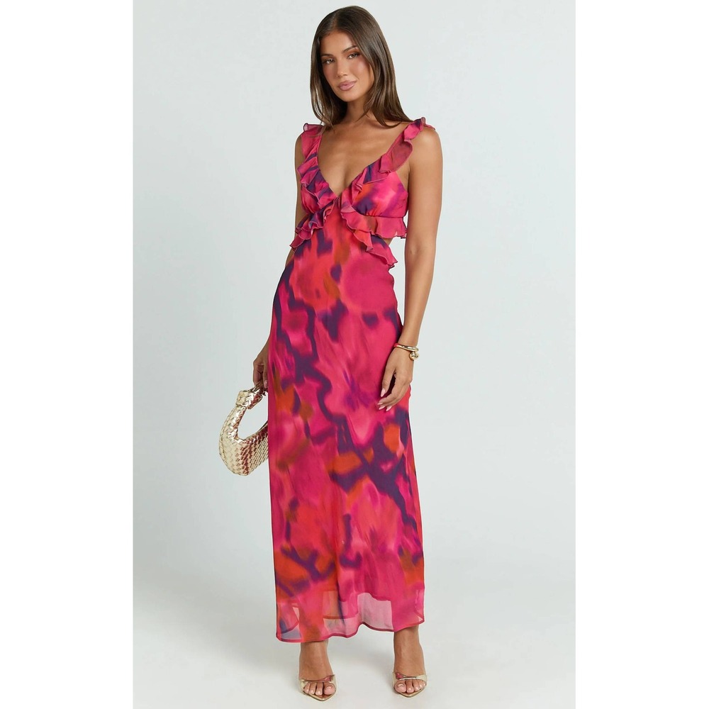 Showpo Alessa Maxi Dress Adeana Print V Neck Frill Cut Out Pink Purple US 2 NEW